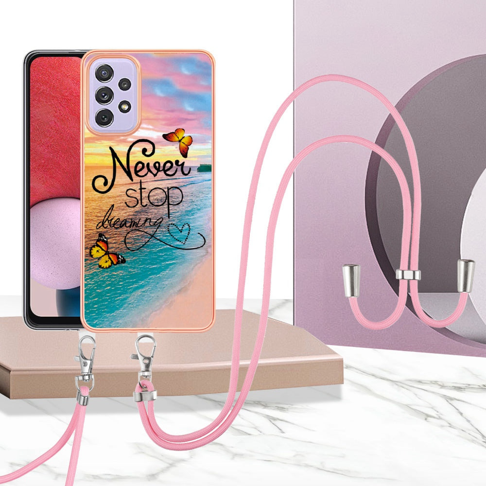 YB IMD Series-4 For Samsung Galaxy A13 4G Ultra-slim Wear-resistant IMD IML Electroplating Marble Flower Pattern Soft TPU Cell Phone Case with Lanyard