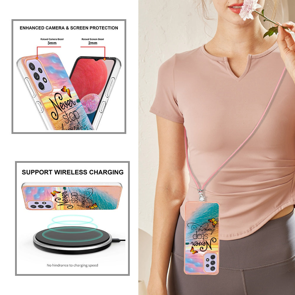 YB IMD Series-4 For Samsung Galaxy A13 4G Ultra-slim Wear-resistant IMD IML Electroplating Marble Flower Pattern Soft TPU Cell Phone Case with Lanyard
