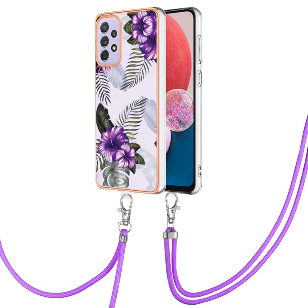 YB IMD Series-4 For Samsung Galaxy A13 4G Ultra-slim Wear-resistant IMD IML Electroplating Marble Flower Pattern Soft TPU Cell Phone Case with Lanyard
