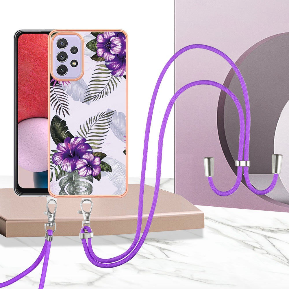 YB IMD Series-4 For Samsung Galaxy A13 4G Ultra-slim Wear-resistant IMD IML Electroplating Marble Flower Pattern Soft TPU Cell Phone Case with Lanyard