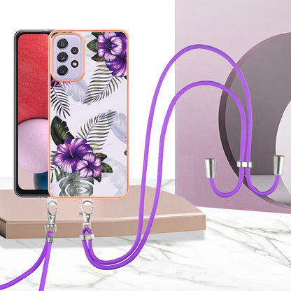 YB IMD Series-4 For Samsung Galaxy A13 4G Ultra-slim Wear-resistant IMD IML Electroplating Marble Flower Pattern Soft TPU Cell Phone Case with Lanyard