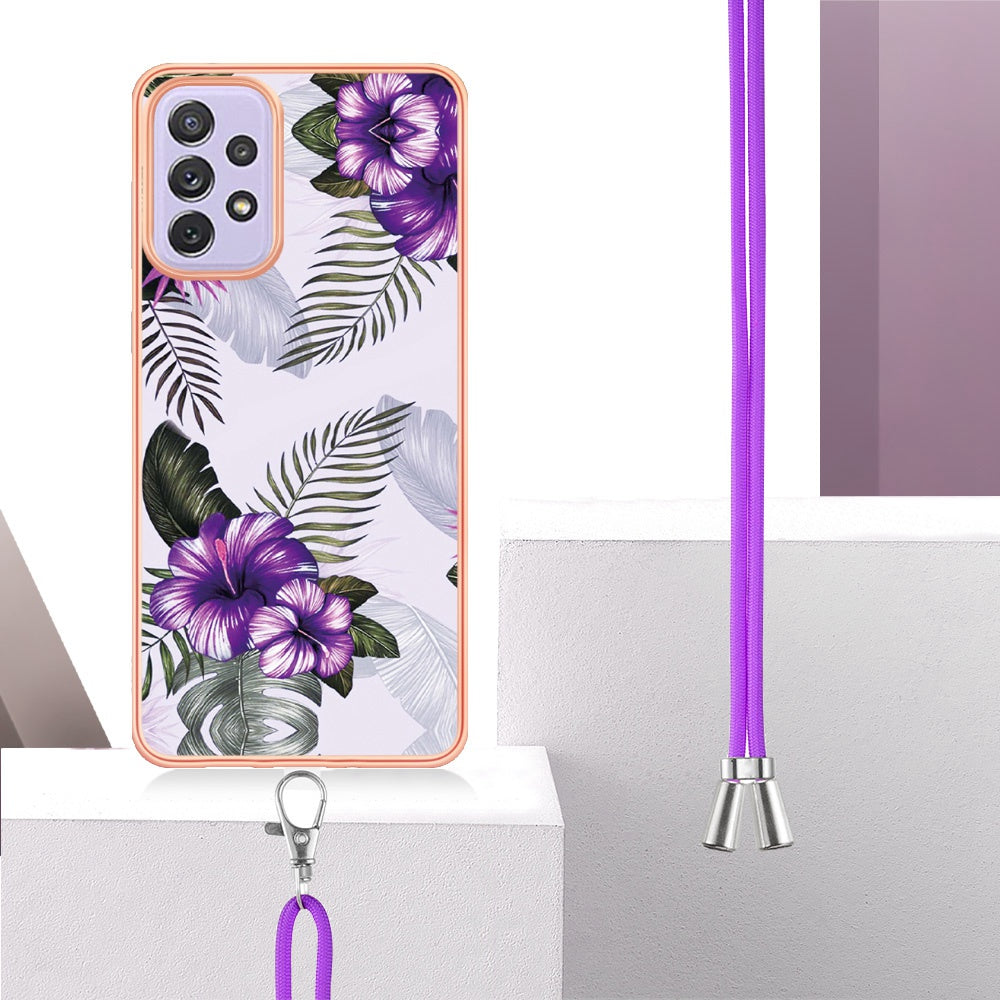 YB IMD Series-4 For Samsung Galaxy A13 4G Ultra-slim Wear-resistant IMD IML Electroplating Marble Flower Pattern Soft TPU Cell Phone Case with Lanyard