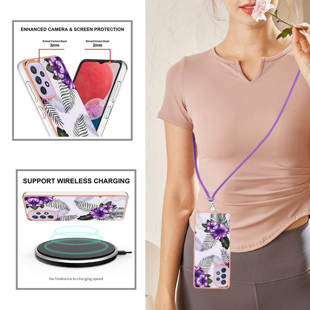 YB IMD Series-4 For Samsung Galaxy A13 4G Ultra-slim Wear-resistant IMD IML Electroplating Marble Flower Pattern Soft TPU Cell Phone Case with Lanyard