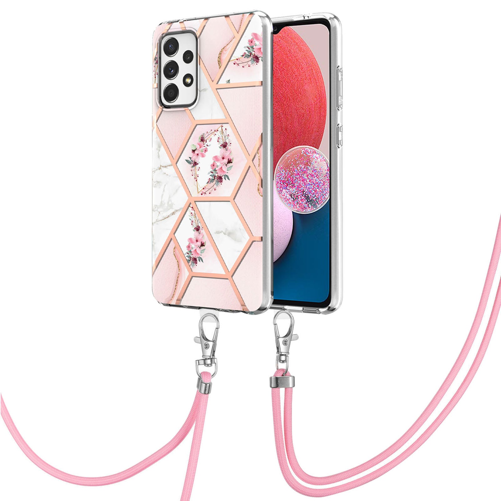 YB IMD Series-4 For Samsung Galaxy A13 4G Ultra-slim Wear-resistant IMD IML Electroplating Marble Flower Pattern Soft TPU Cell Phone Case with Lanyard