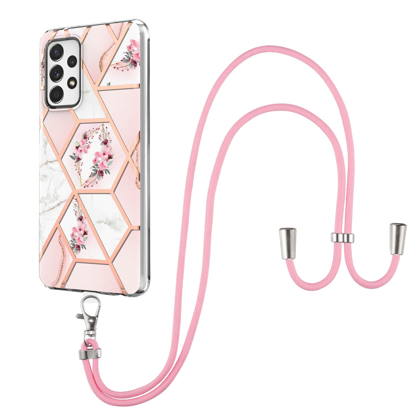 YB IMD Series-4 For Samsung Galaxy A13 4G Ultra-slim Wear-resistant IMD IML Electroplating Marble Flower Pattern Soft TPU Cell Phone Case with Lanyard