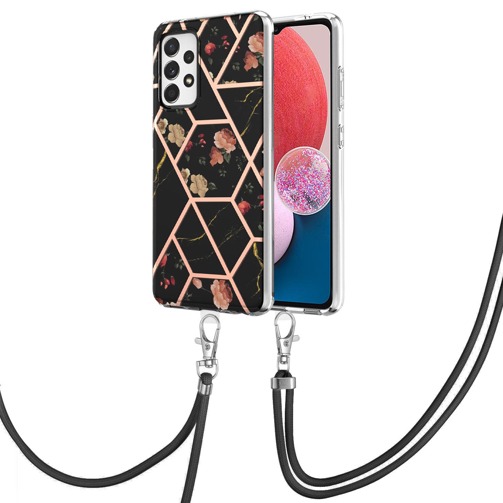 YB IMD Series-4 For Samsung Galaxy A13 4G Ultra-slim Wear-resistant IMD IML Electroplating Marble Flower Pattern Soft TPU Cell Phone Case with Lanyard