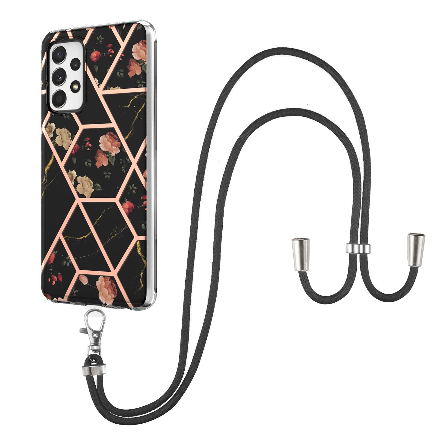 YB IMD Series-4 For Samsung Galaxy A13 4G Ultra-slim Wear-resistant IMD IML Electroplating Marble Flower Pattern Soft TPU Cell Phone Case with Lanyard
