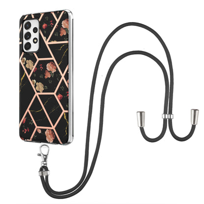 YB IMD Series-4 For Samsung Galaxy A13 4G Ultra-slim Wear-resistant IMD IML Electroplating Marble Flower Pattern Soft TPU Cell Phone Case with Lanyard