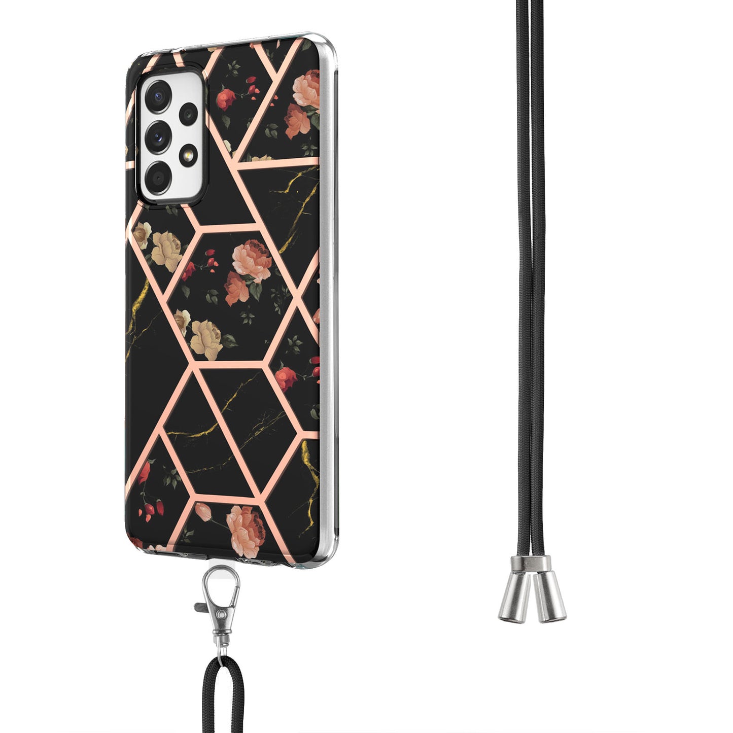 YB IMD Series-4 For Samsung Galaxy A13 4G Ultra-slim Wear-resistant IMD IML Electroplating Marble Flower Pattern Soft TPU Cell Phone Case with Lanyard