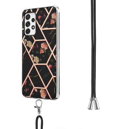 YB IMD Series-4 For Samsung Galaxy A13 4G Ultra-slim Wear-resistant IMD IML Electroplating Marble Flower Pattern Soft TPU Cell Phone Case with Lanyard