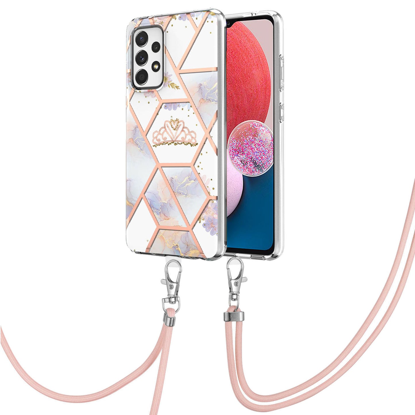 YB IMD Series-4 For Samsung Galaxy A13 4G Ultra-slim Wear-resistant IMD IML Electroplating Marble Flower Pattern Soft TPU Cell Phone Case with Lanyard