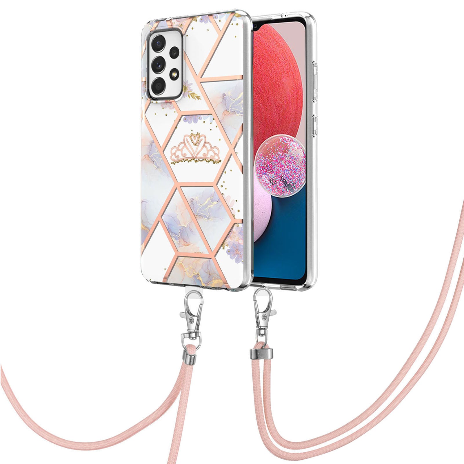 YB IMD Series-4 For Samsung Galaxy A13 4G Ultra-slim Wear-resistant IMD IML Electroplating Marble Flower Pattern Soft TPU Cell Phone Case with Lanyard