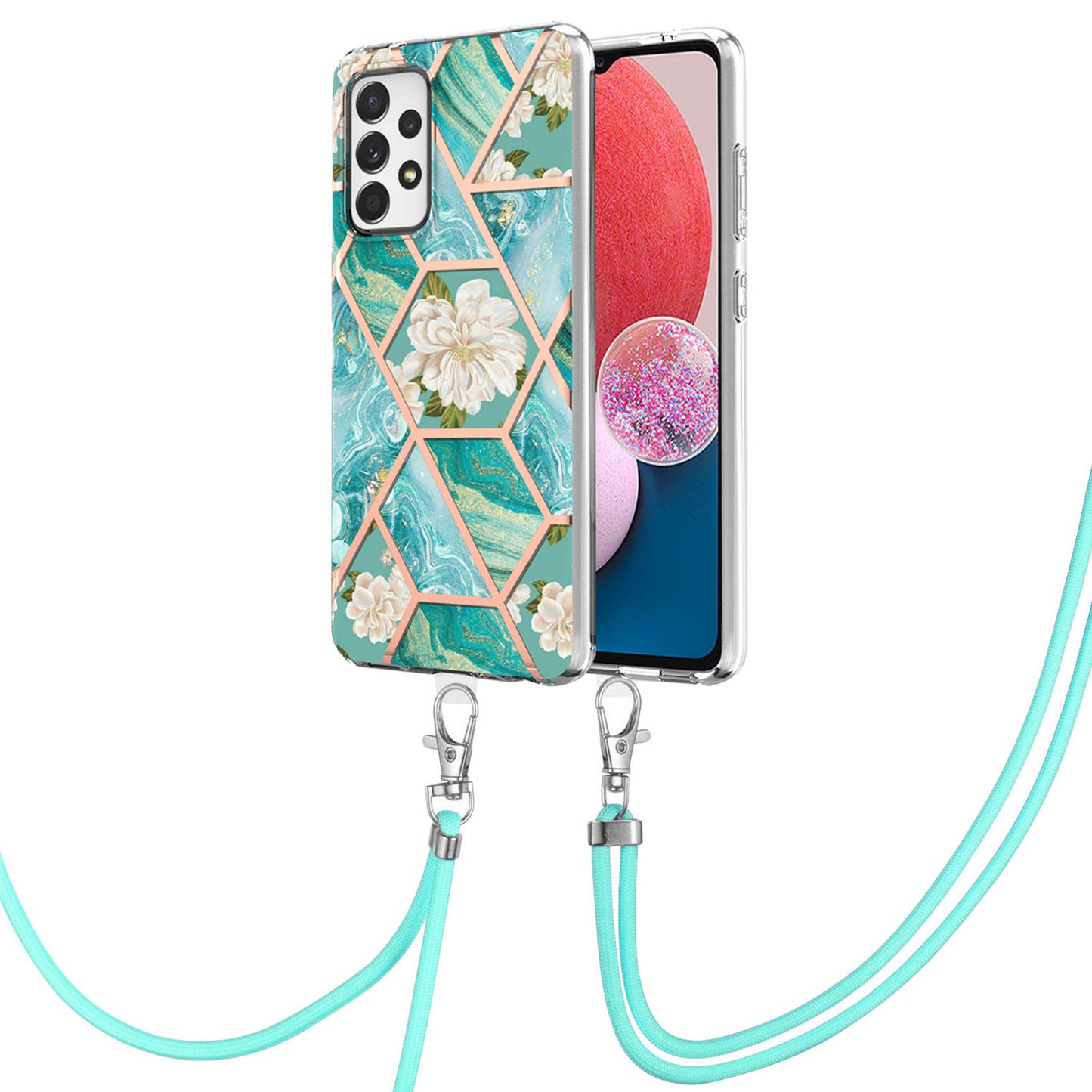 YB IMD Series-4 For Samsung Galaxy A13 4G Ultra-slim Wear-resistant IMD IML Electroplating Marble Flower Pattern Soft TPU Cell Phone Case with Lanyard