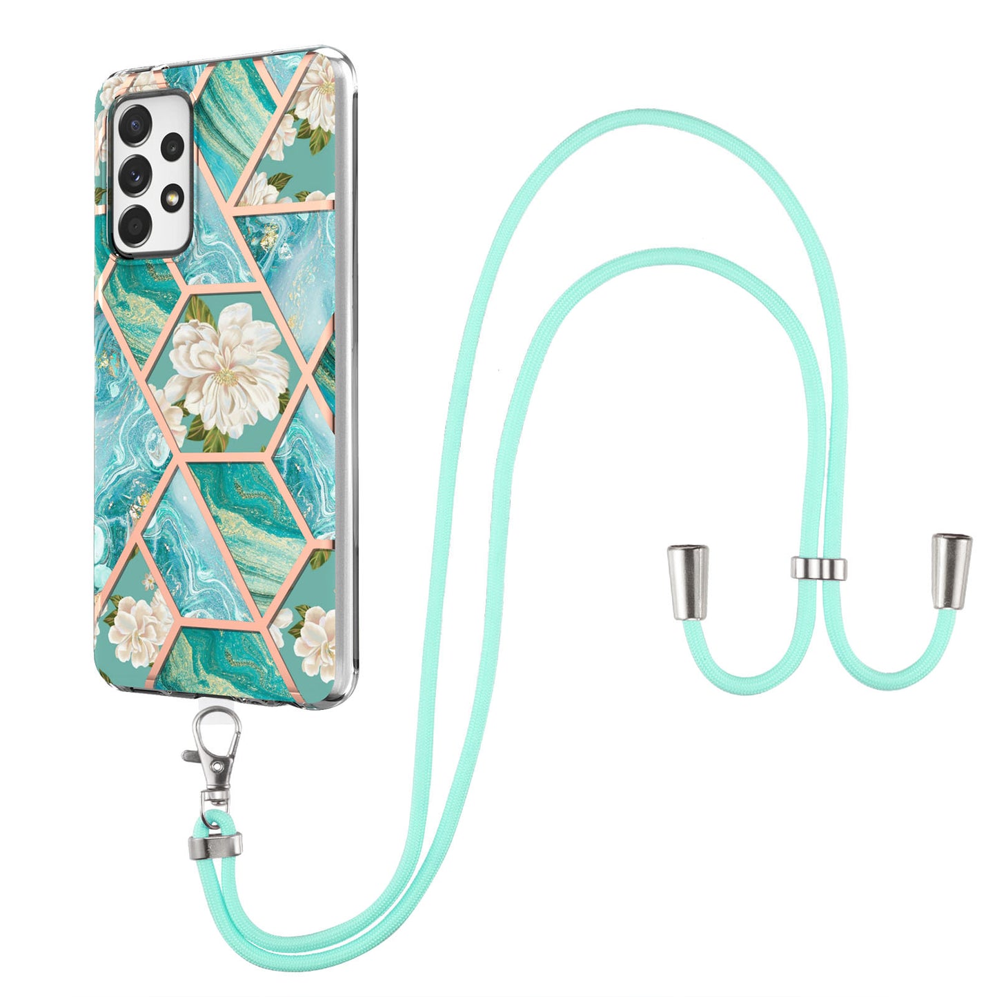 YB IMD Series-4 For Samsung Galaxy A13 4G Ultra-slim Wear-resistant IMD IML Electroplating Marble Flower Pattern Soft TPU Cell Phone Case with Lanyard