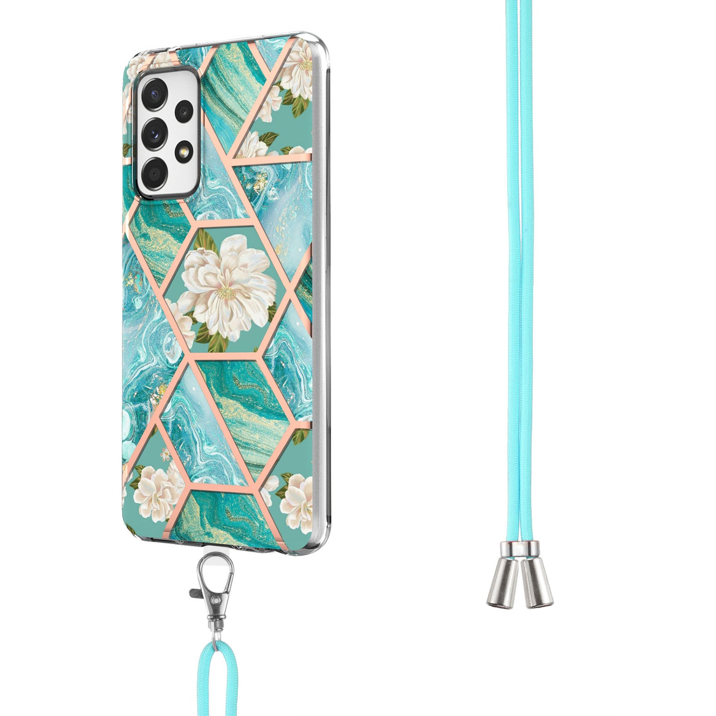 YB IMD Series-4 For Samsung Galaxy A13 4G Ultra-slim Wear-resistant IMD IML Electroplating Marble Flower Pattern Soft TPU Cell Phone Case with Lanyard