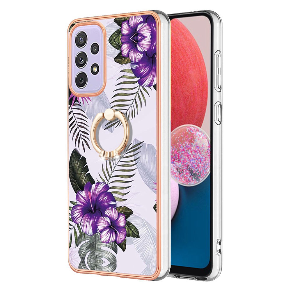 YB IMD Series-6 For Samsung Galaxy A13 4G Drop-proof Anti-scratch Marble Pattern Design Soft TPU Case IMD Back Cover with Ring Kickstand