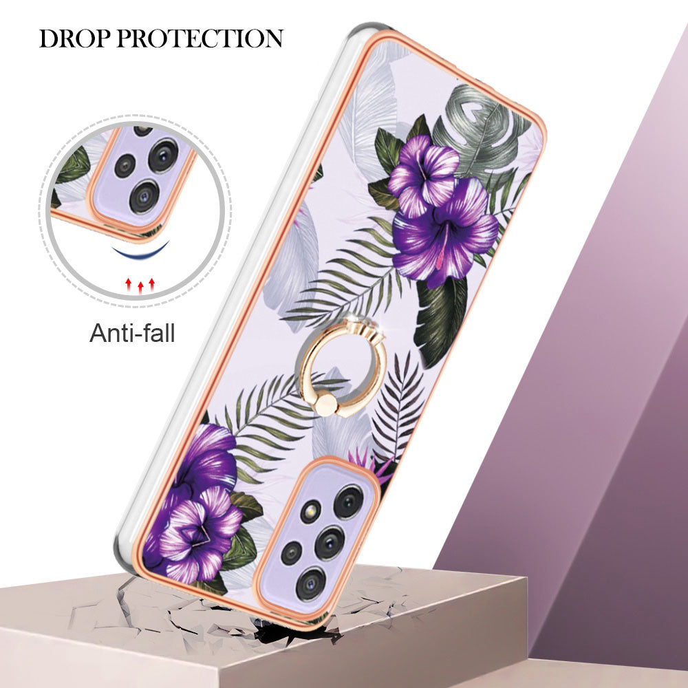 YB IMD Series-6 For Samsung Galaxy A13 4G Drop-proof Anti-scratch Marble Pattern Design Soft TPU Case IMD Back Cover with Ring Kickstand
