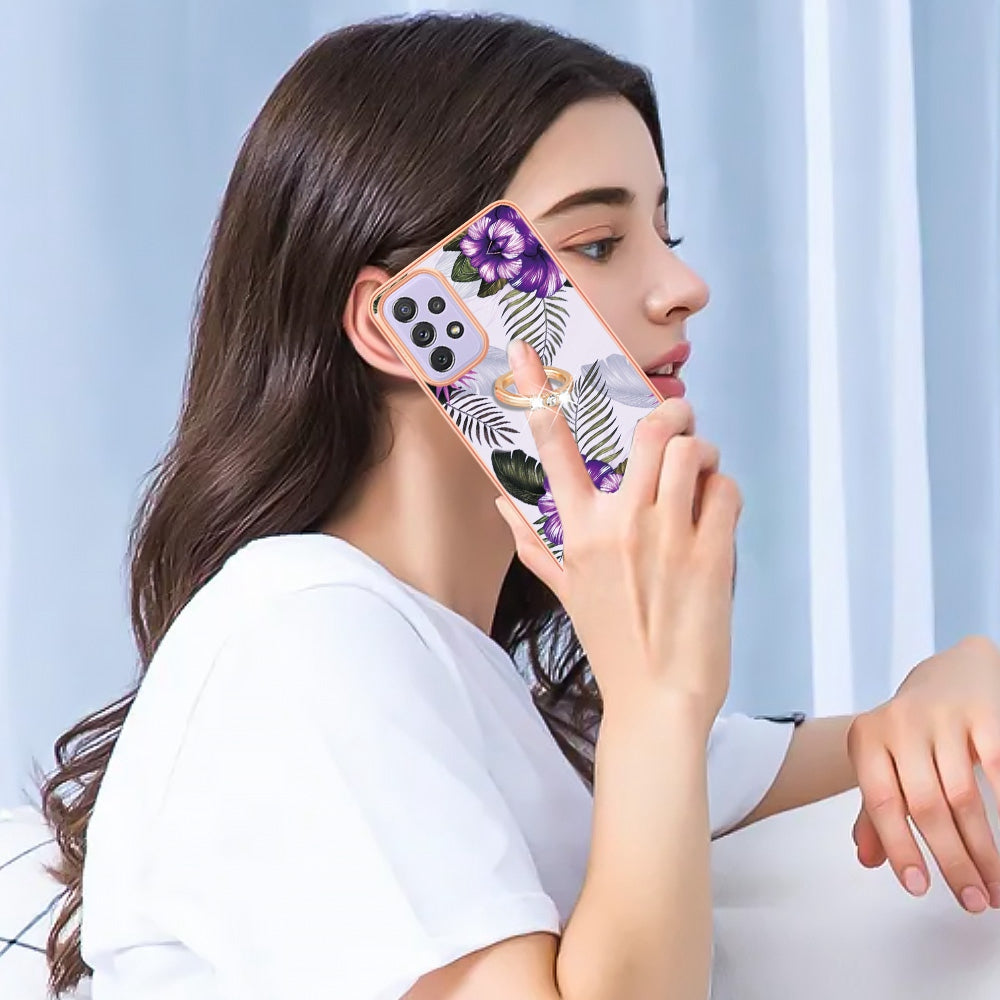 YB IMD Series-6 For Samsung Galaxy A13 4G Drop-proof Anti-scratch Marble Pattern Design Soft TPU Case IMD Back Cover with Ring Kickstand