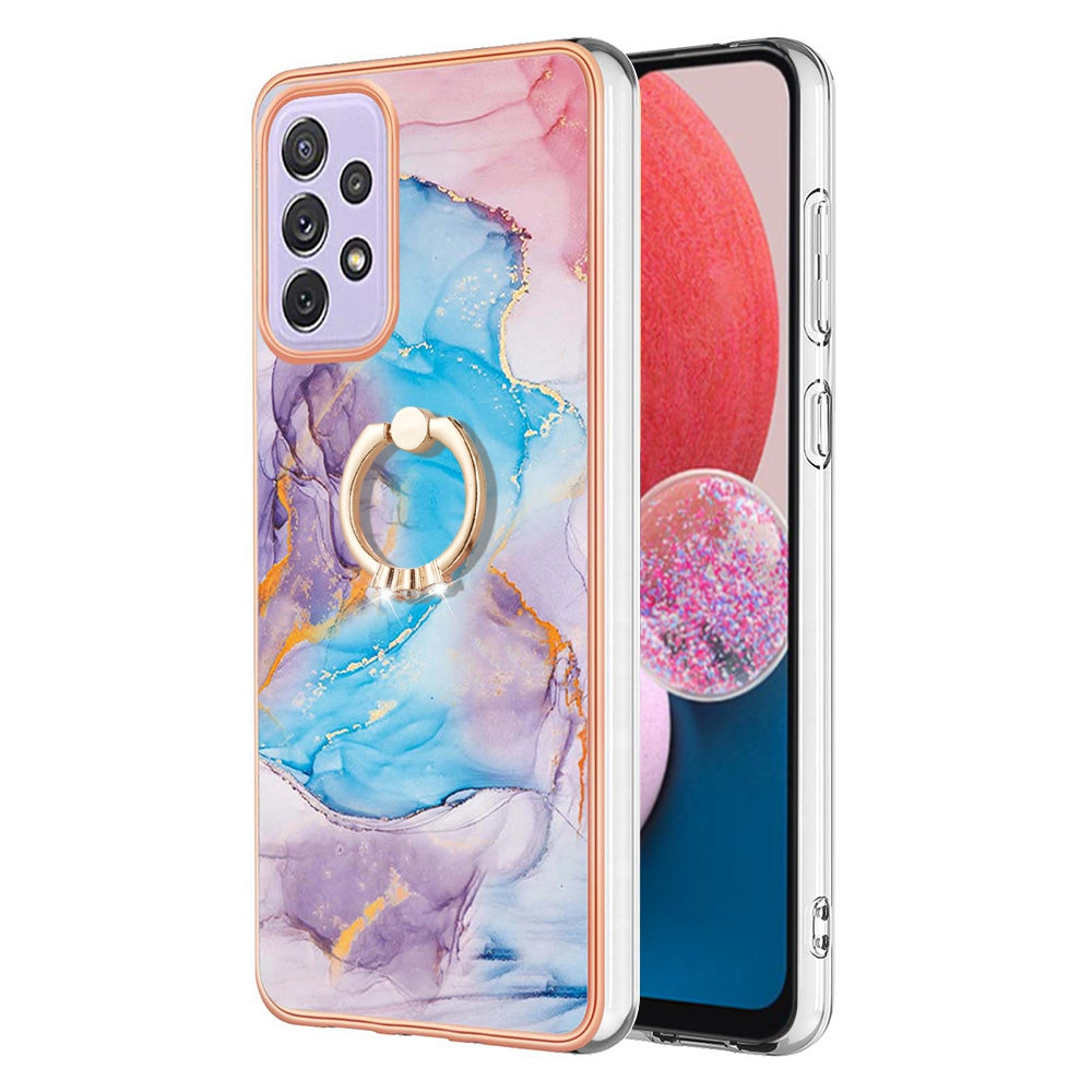 YB IMD Series-6 For Samsung Galaxy A13 4G Drop-proof Anti-scratch Marble Pattern Design Soft TPU Case IMD Back Cover with Ring Kickstand