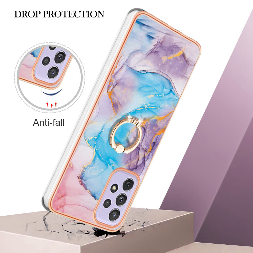 YB IMD Series-6 For Samsung Galaxy A13 4G Drop-proof Anti-scratch Marble Pattern Design Soft TPU Case IMD Back Cover with Ring Kickstand