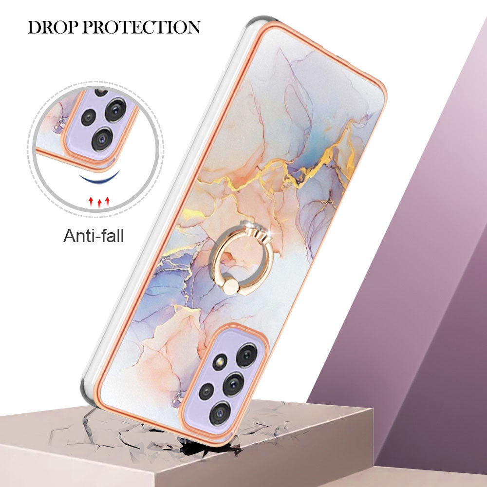 YB IMD Series-6 For Samsung Galaxy A13 4G Drop-proof Anti-scratch Marble Pattern Design Soft TPU Case IMD Back Cover with Ring Kickstand