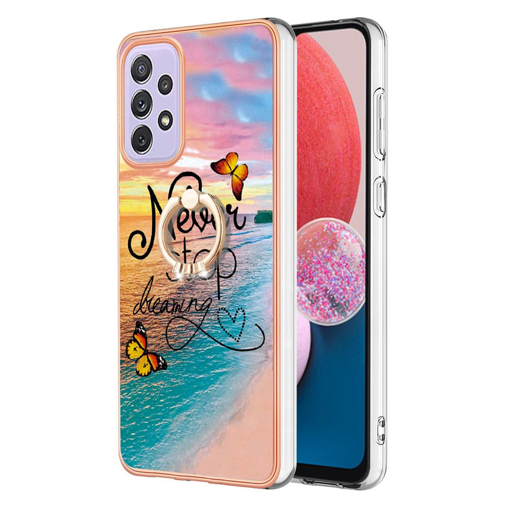 YB IMD Series-6 For Samsung Galaxy A13 4G Drop-proof Anti-scratch Marble Pattern Design Soft TPU Case IMD Back Cover with Ring Kickstand