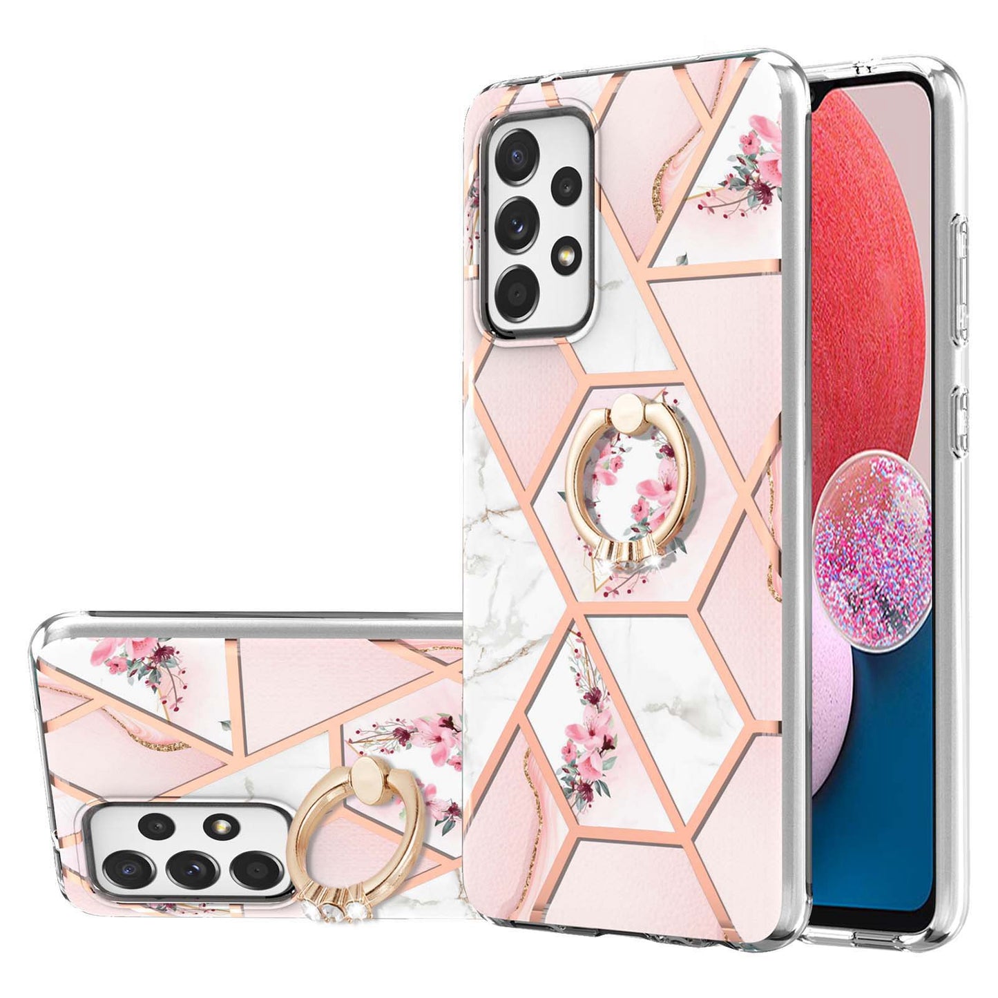 YB IMD Series-6 For Samsung Galaxy A13 4G Drop-proof Anti-scratch Marble Pattern Design Soft TPU Case IMD Back Cover with Ring Kickstand