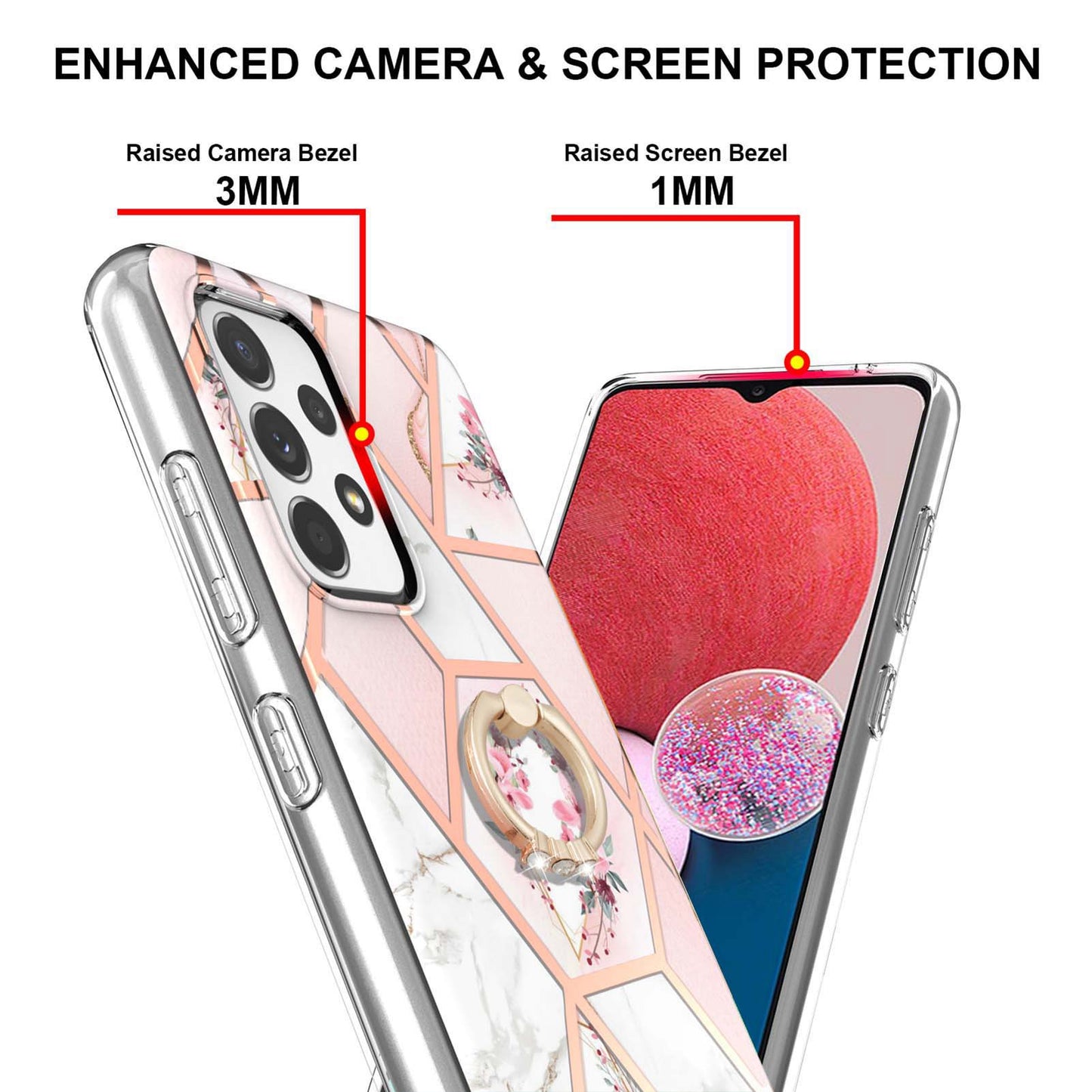 YB IMD Series-6 For Samsung Galaxy A13 4G Drop-proof Anti-scratch Marble Pattern Design Soft TPU Case IMD Back Cover with Ring Kickstand