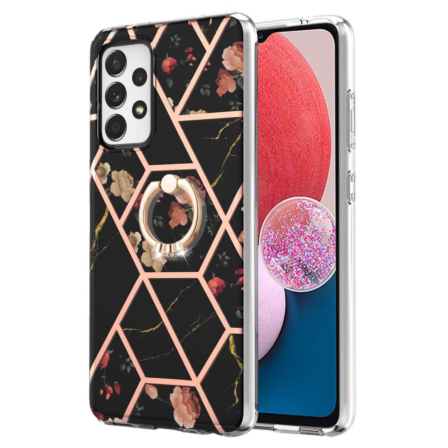 YB IMD Series-6 For Samsung Galaxy A13 4G Drop-proof Anti-scratch Marble Pattern Design Soft TPU Case IMD Back Cover with Ring Kickstand