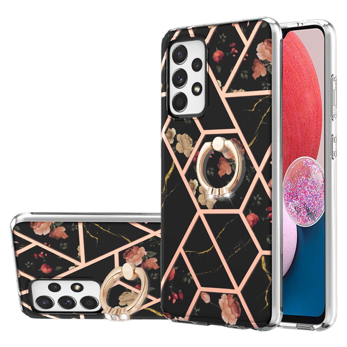 YB IMD Series-6 For Samsung Galaxy A13 4G Drop-proof Anti-scratch Marble Pattern Design Soft TPU Case IMD Back Cover with Ring Kickstand