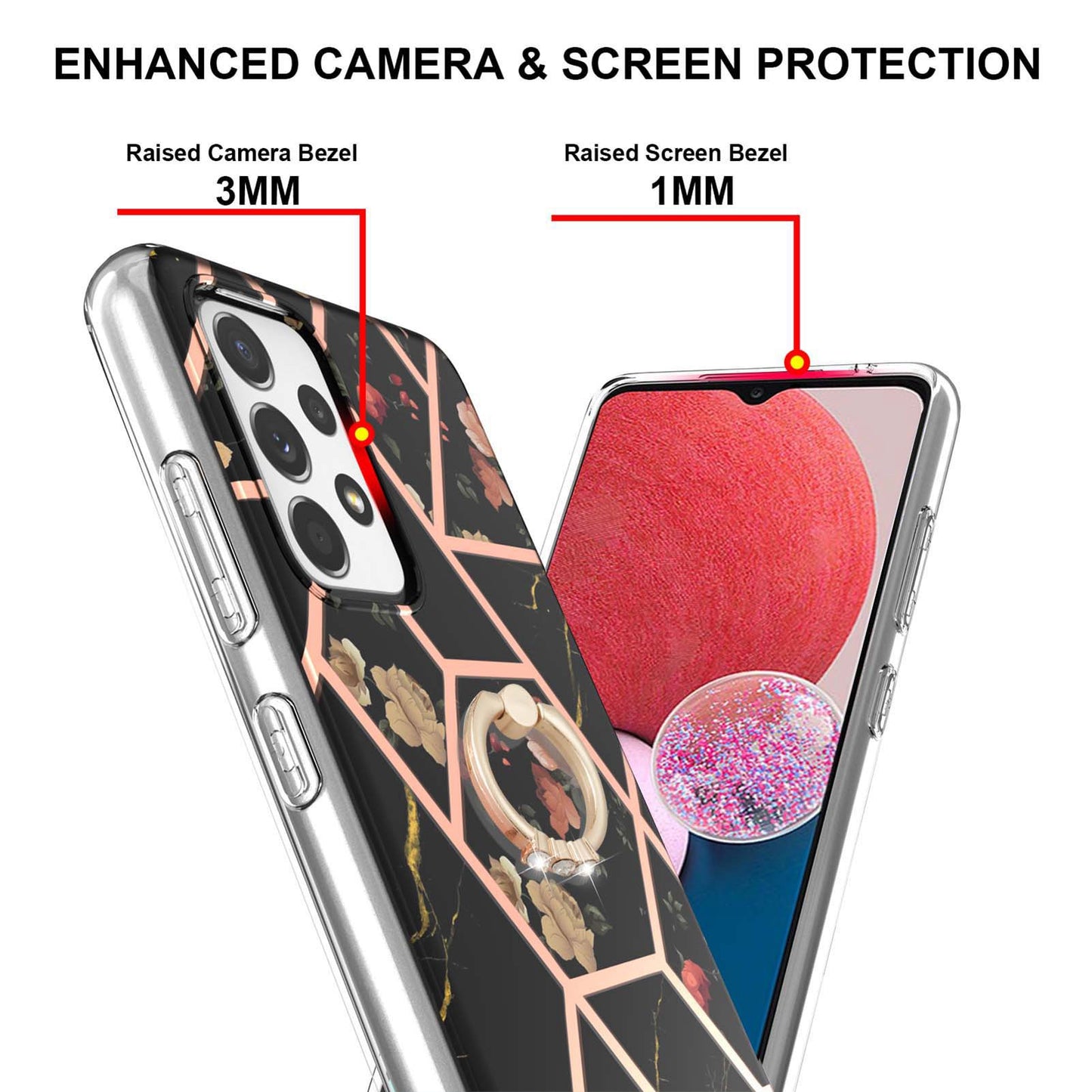YB IMD Series-6 For Samsung Galaxy A13 4G Drop-proof Anti-scratch Marble Pattern Design Soft TPU Case IMD Back Cover with Ring Kickstand