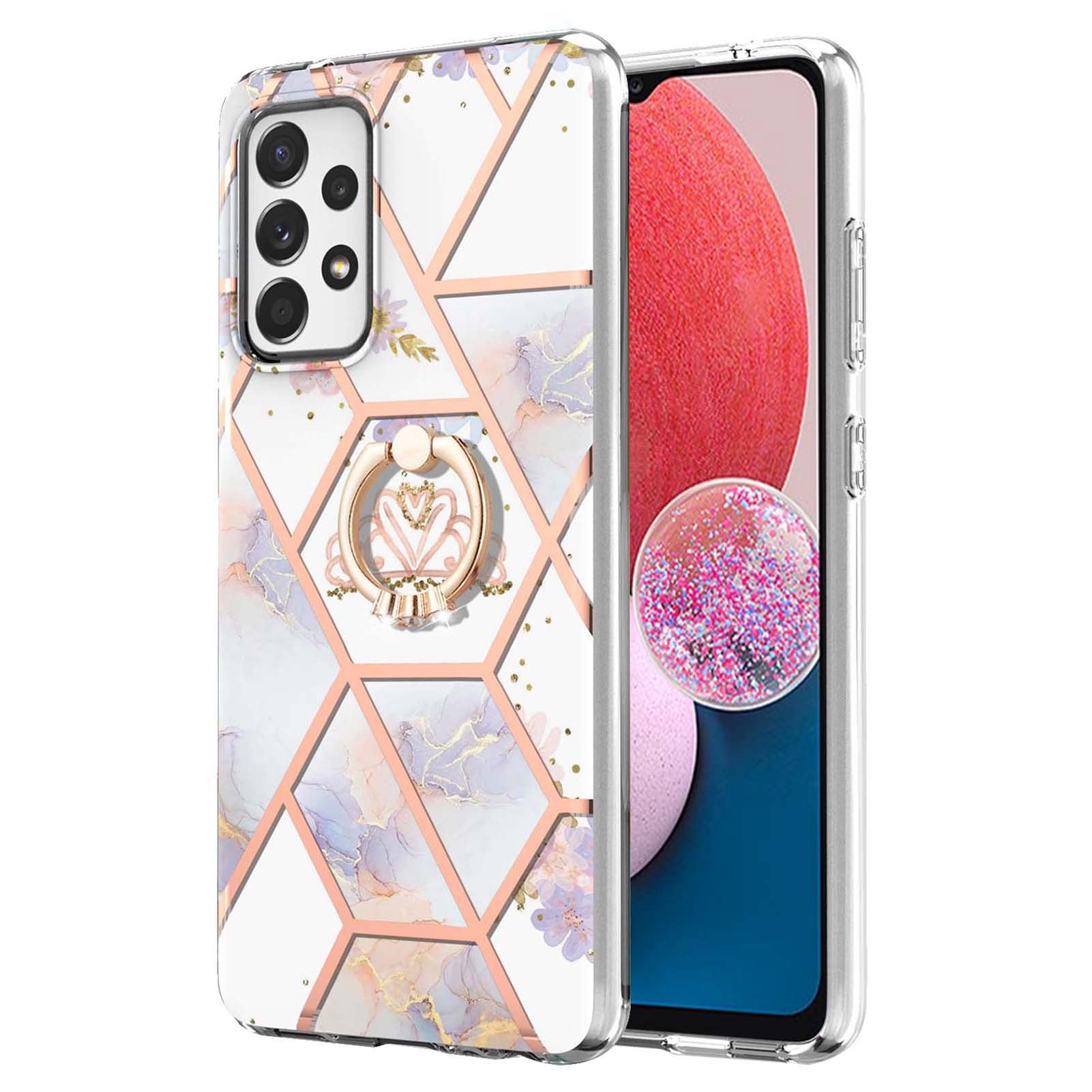 YB IMD Series-6 For Samsung Galaxy A13 4G Drop-proof Anti-scratch Marble Pattern Design Soft TPU Case IMD Back Cover with Ring Kickstand