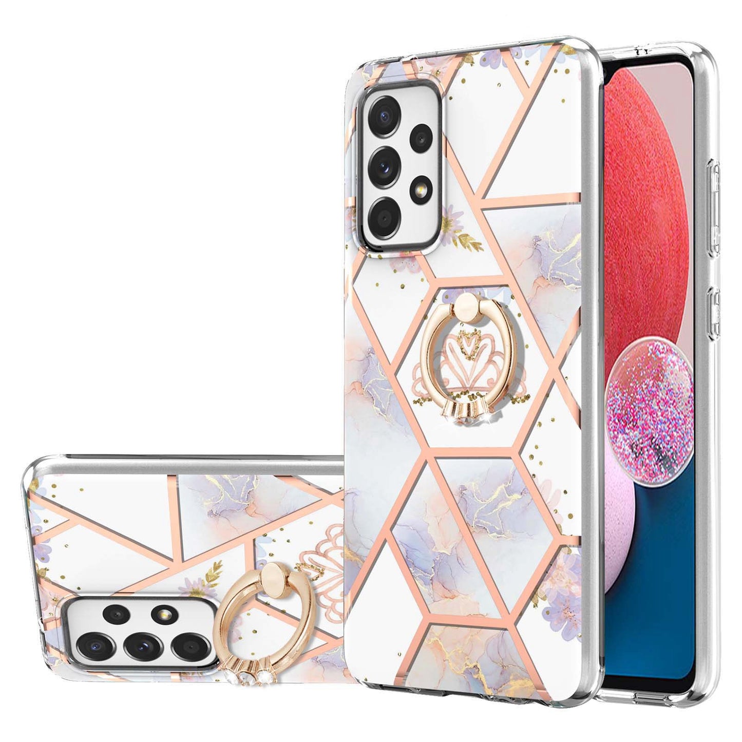 YB IMD Series-6 For Samsung Galaxy A13 4G Drop-proof Anti-scratch Marble Pattern Design Soft TPU Case IMD Back Cover with Ring Kickstand