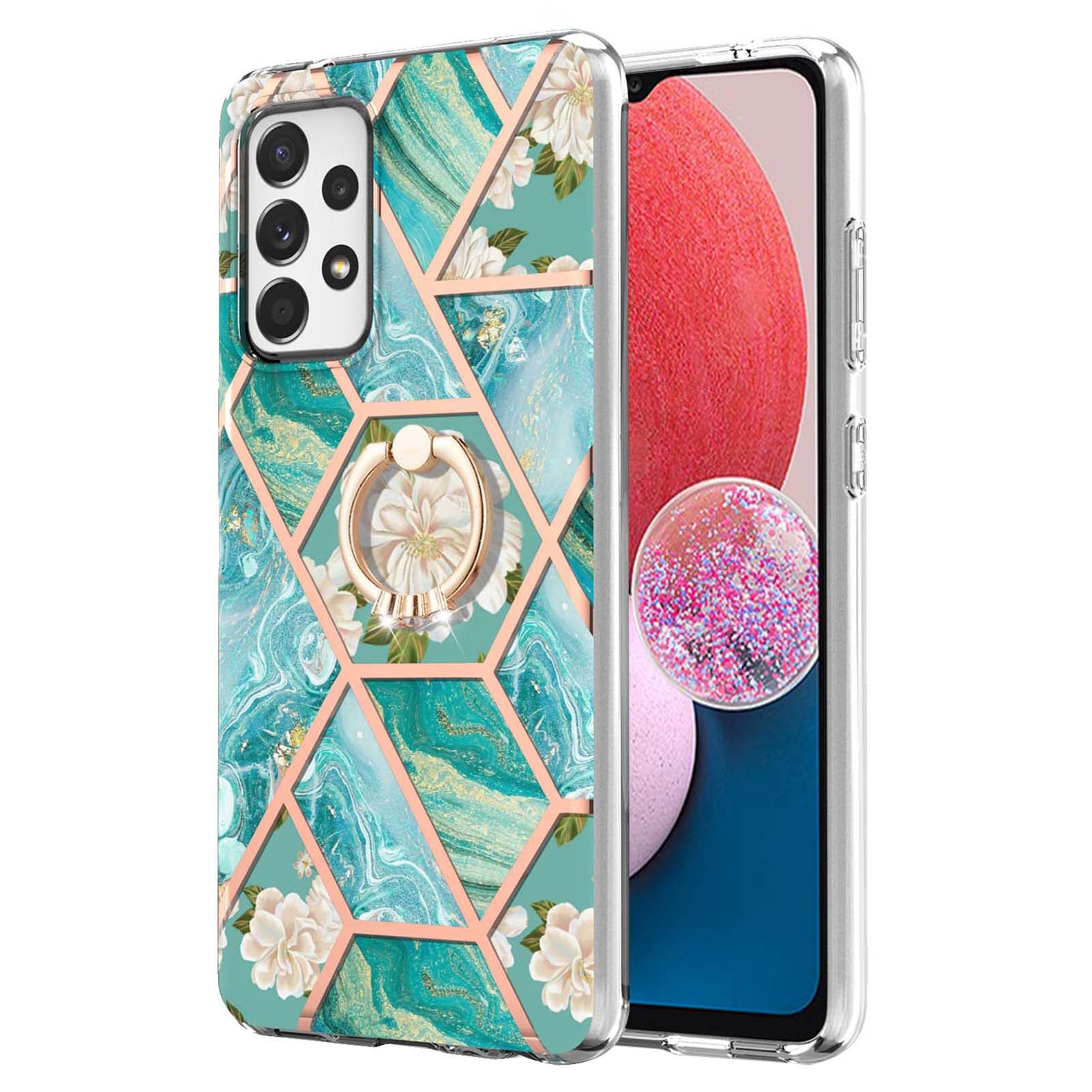 YB IMD Series-6 For Samsung Galaxy A13 4G Drop-proof Anti-scratch Marble Pattern Design Soft TPU Case IMD Back Cover with Ring Kickstand