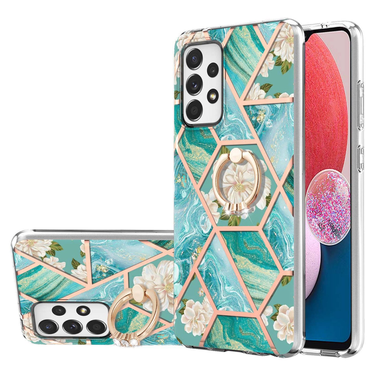 YB IMD Series-6 For Samsung Galaxy A13 4G Drop-proof Anti-scratch Marble Pattern Design Soft TPU Case IMD Back Cover with Ring Kickstand
