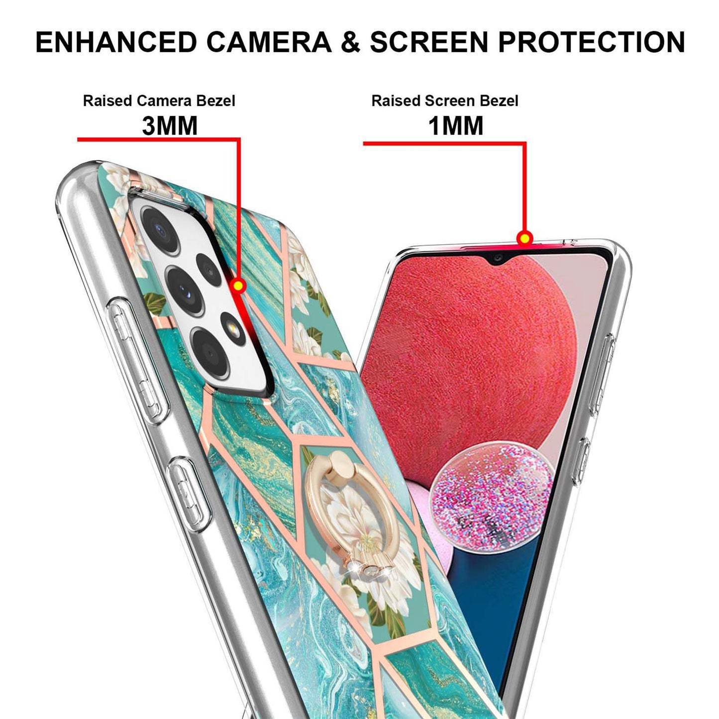 YB IMD Series-6 For Samsung Galaxy A13 4G Drop-proof Anti-scratch Marble Pattern Design Soft TPU Case IMD Back Cover with Ring Kickstand