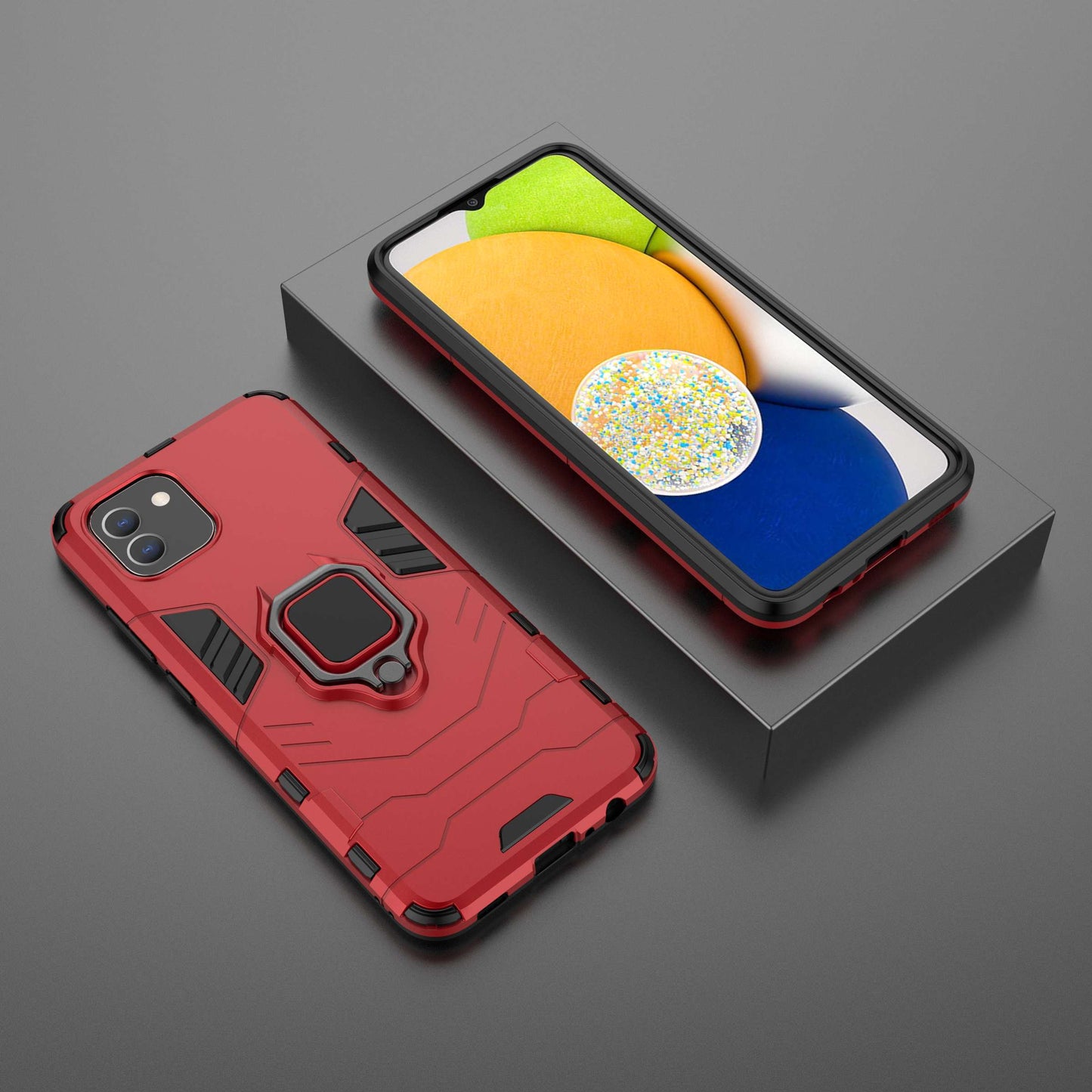 For Samsung Galaxy A03 (166.5 x 75.98 x 9.14mm) TPU+PC Shockproof Protection Case Military Grade Armor Ring Holder Back Cover