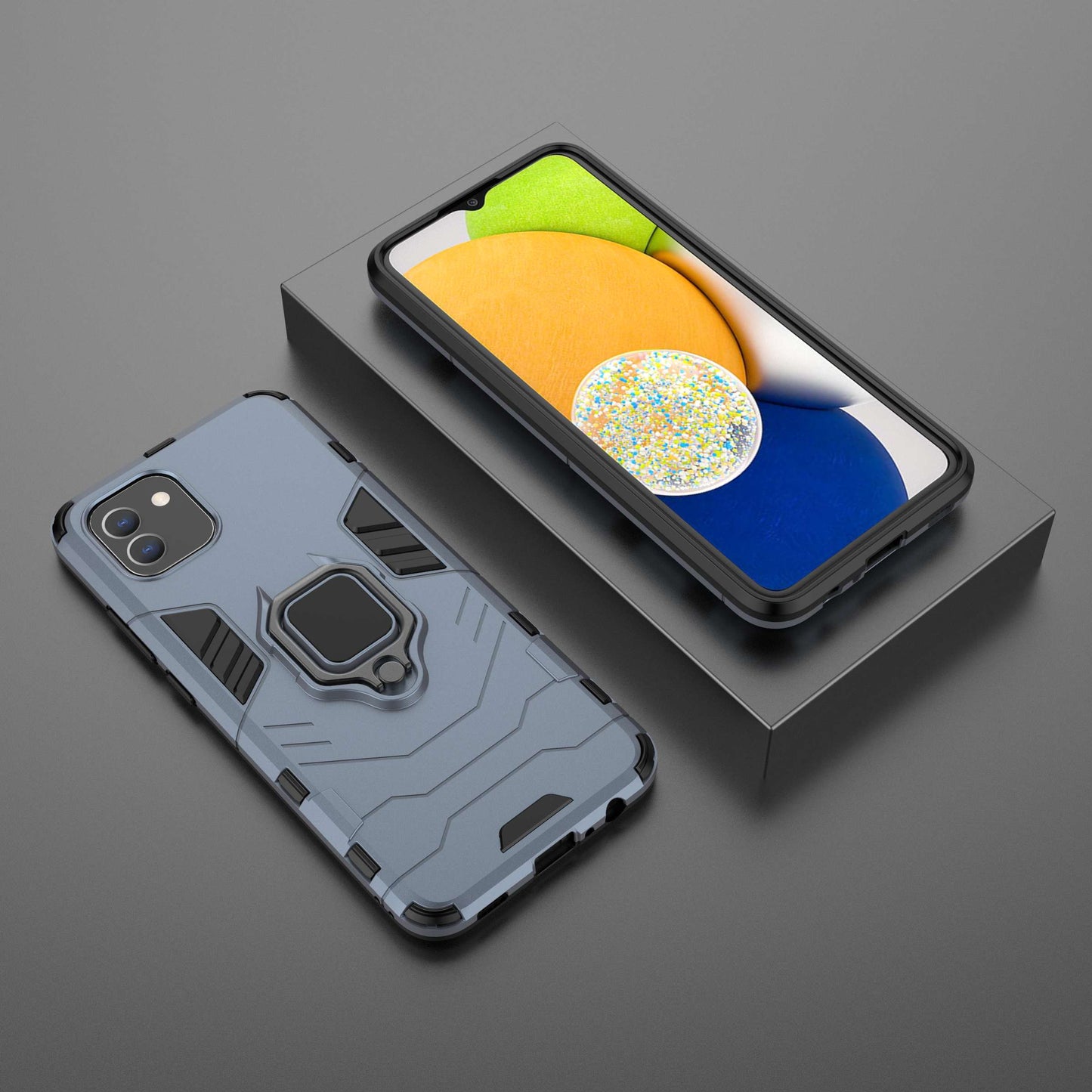 For Samsung Galaxy A03 (166.5 x 75.98 x 9.14mm) TPU+PC Shockproof Protection Case Military Grade Armor Ring Holder Back Cover