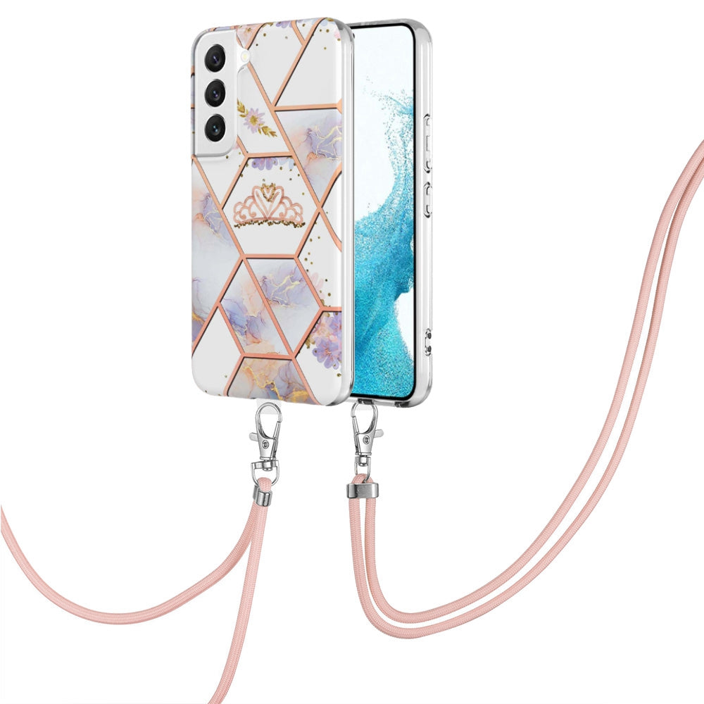 YB IMD Series-4 for Samsung Galaxy S22+ 5G IMD IML Electroplating TPU Case with Lanyard, Marble Flower Pattern Slim Phone Cover