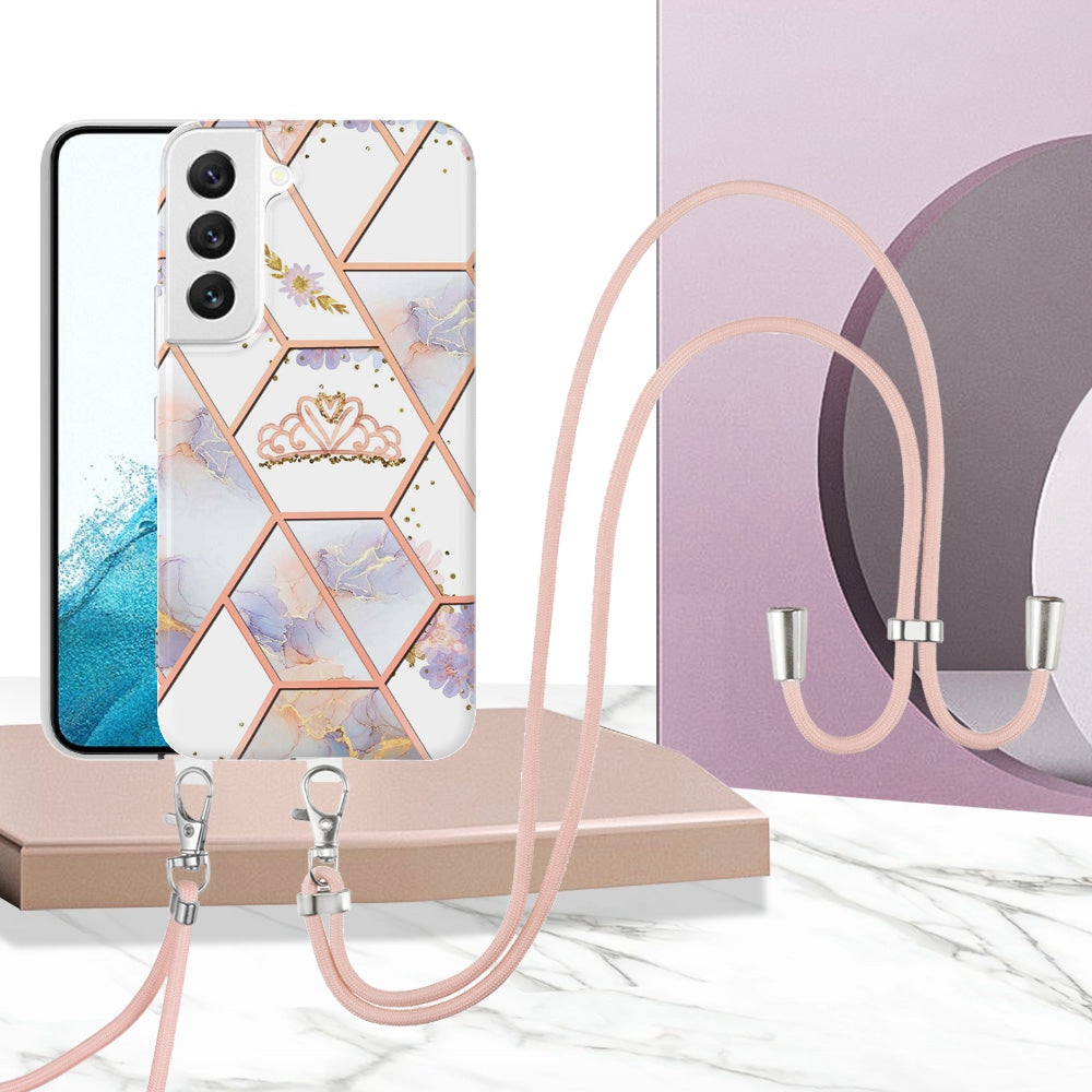 YB IMD Series-4 for Samsung Galaxy S22+ 5G IMD IML Electroplating TPU Case with Lanyard, Marble Flower Pattern Slim Phone Cover