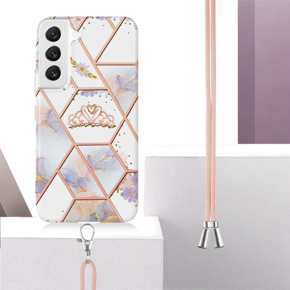 YB IMD Series-4 for Samsung Galaxy S22+ 5G IMD IML Electroplating TPU Case with Lanyard, Marble Flower Pattern Slim Phone Cover