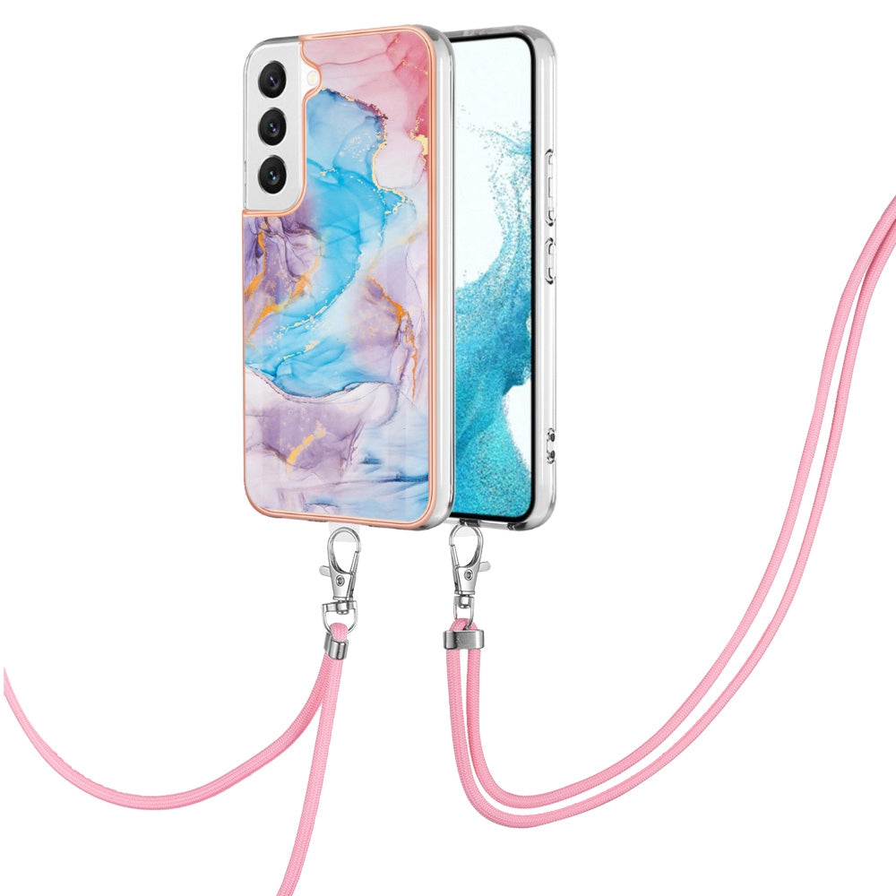 YB IMD Series-4 for Samsung Galaxy S22+ 5G IMD IML Electroplating TPU Case with Lanyard, Marble Flower Pattern Slim Phone Cover