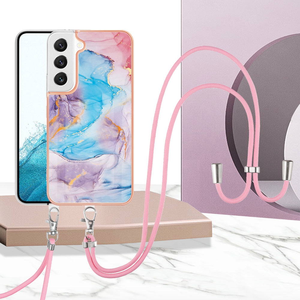 YB IMD Series-4 for Samsung Galaxy S22+ 5G IMD IML Electroplating TPU Case with Lanyard, Marble Flower Pattern Slim Phone Cover