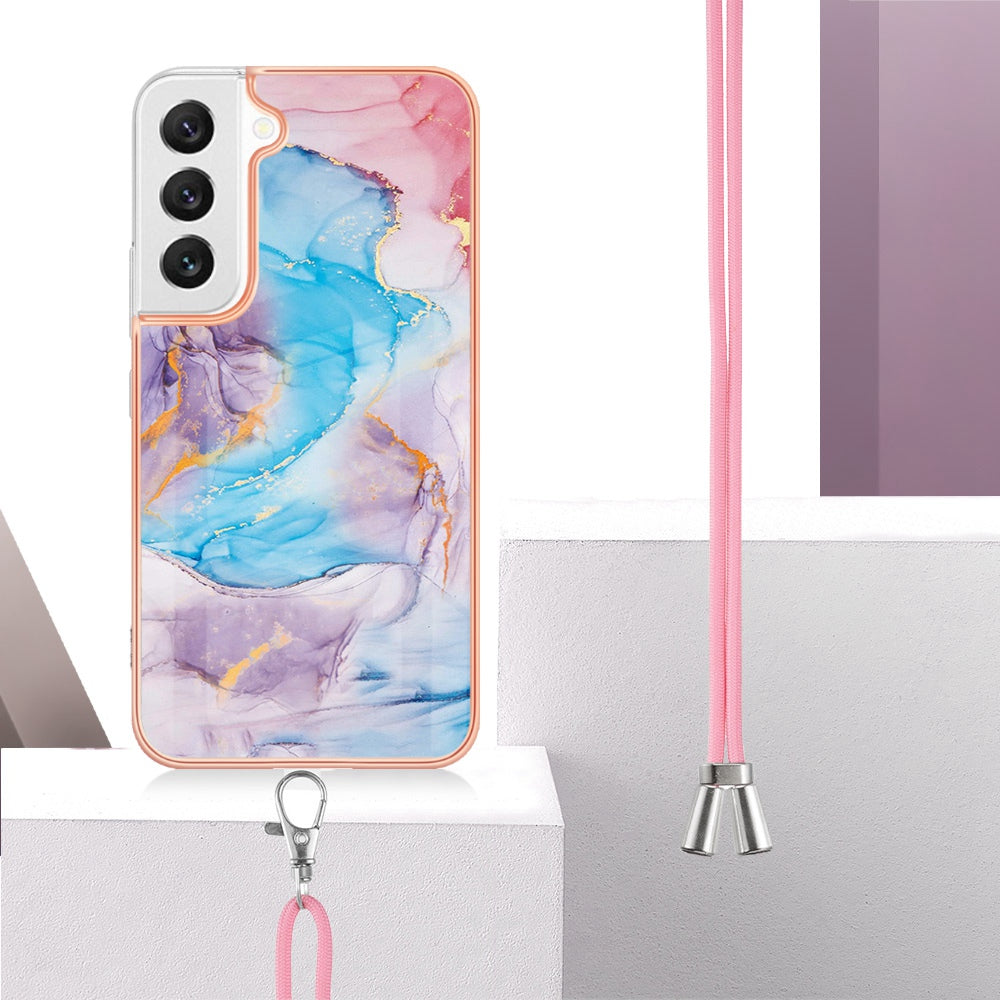 YB IMD Series-4 for Samsung Galaxy S22+ 5G IMD IML Electroplating TPU Case with Lanyard, Marble Flower Pattern Slim Phone Cover