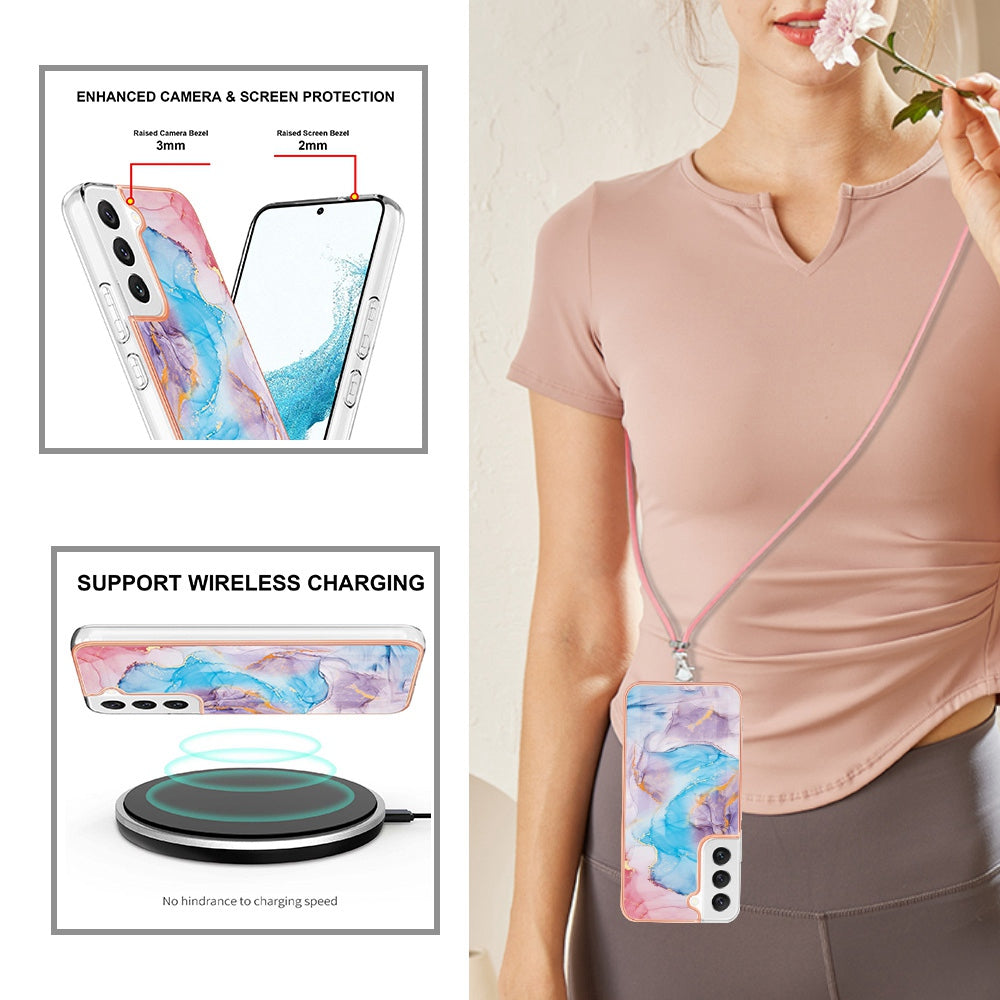 YB IMD Series-4 for Samsung Galaxy S22+ 5G IMD IML Electroplating TPU Case with Lanyard, Marble Flower Pattern Slim Phone Cover