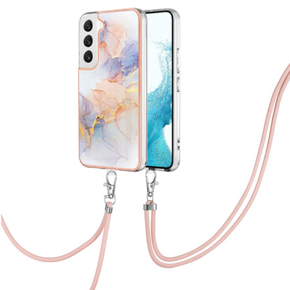 YB IMD Series-4 for Samsung Galaxy S22+ 5G IMD IML Electroplating TPU Case with Lanyard, Marble Flower Pattern Slim Phone Cover