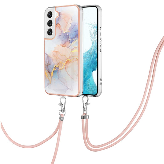 YB IMD Series-4 for Samsung Galaxy S22+ 5G IMD IML Electroplating TPU Case with Lanyard, Marble Flower Pattern Slim Phone Cover