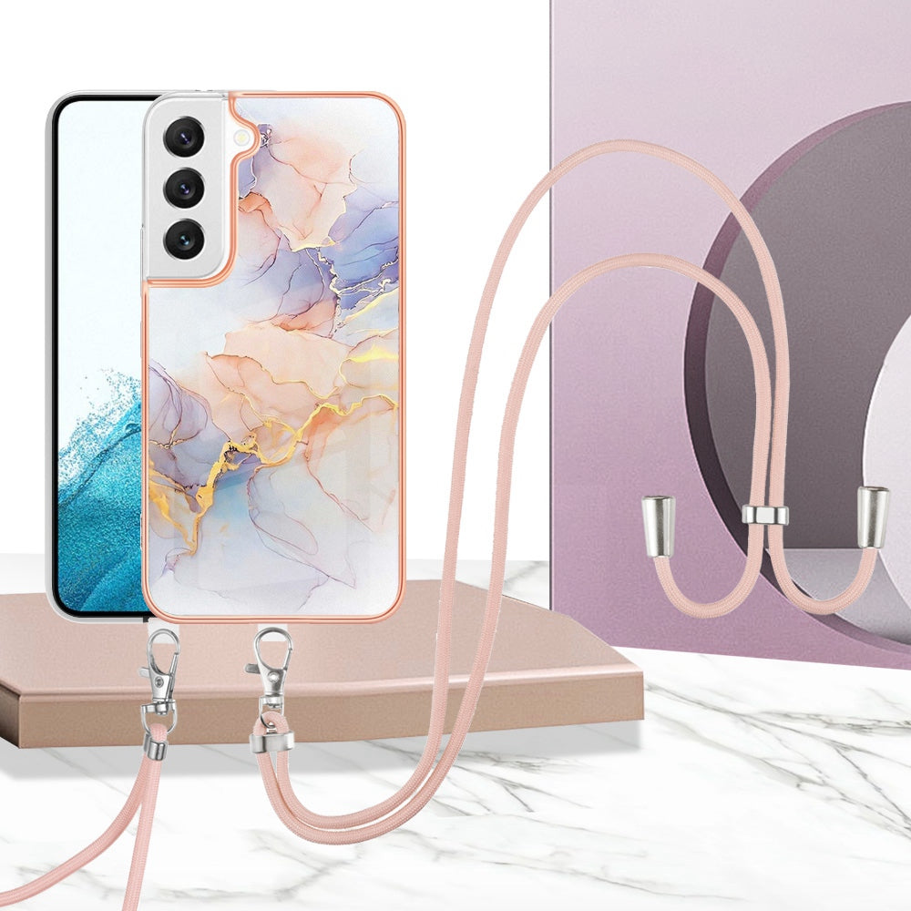 YB IMD Series-4 for Samsung Galaxy S22+ 5G IMD IML Electroplating TPU Case with Lanyard, Marble Flower Pattern Slim Phone Cover