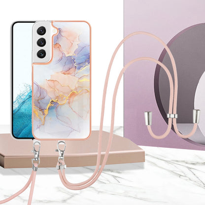 YB IMD Series-4 for Samsung Galaxy S22+ 5G IMD IML Electroplating TPU Case with Lanyard, Marble Flower Pattern Slim Phone Cover