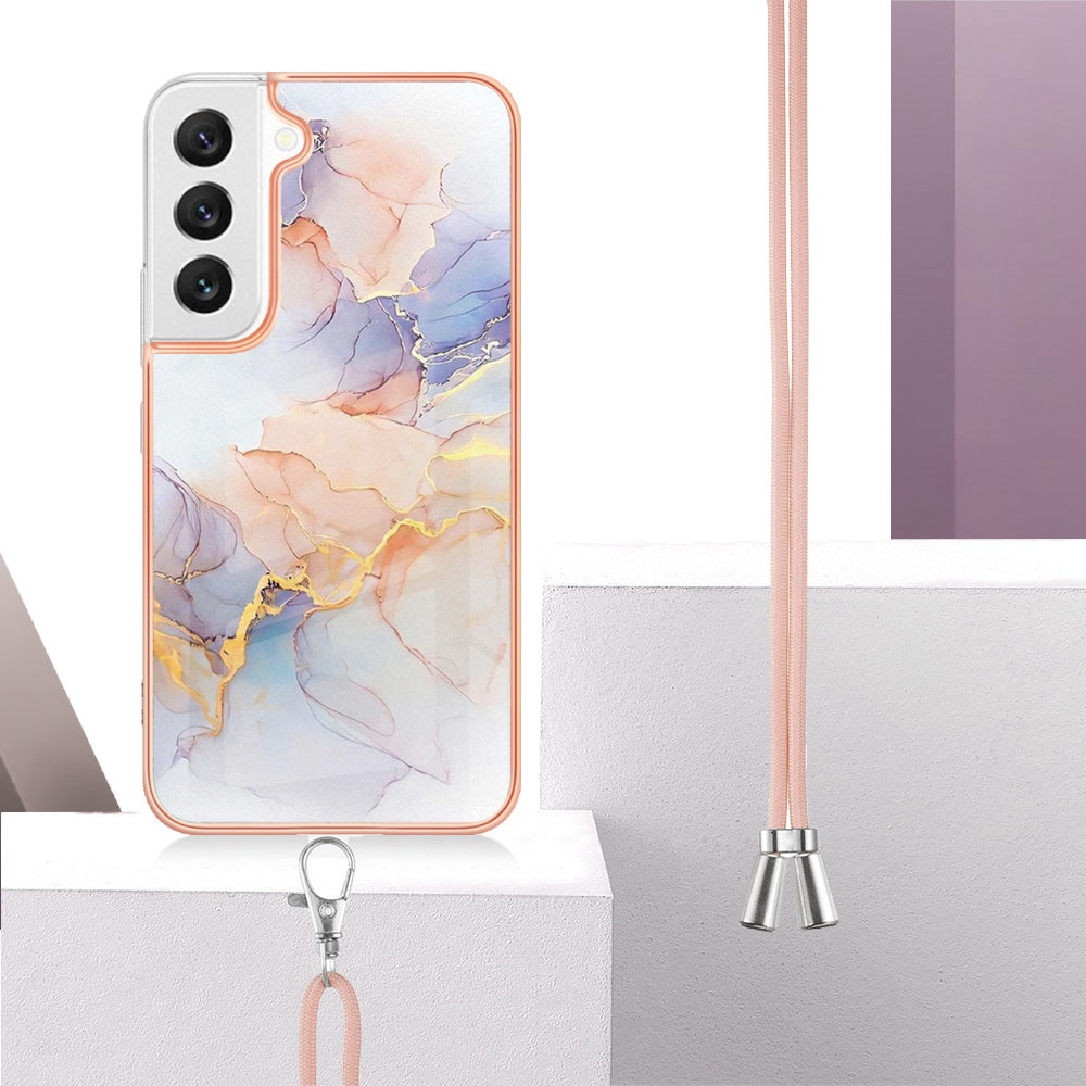 YB IMD Series-4 for Samsung Galaxy S22+ 5G IMD IML Electroplating TPU Case with Lanyard, Marble Flower Pattern Slim Phone Cover